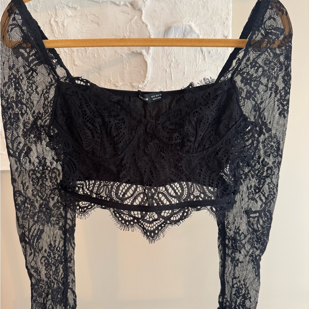 Black Lace Long Sleeve Crop Top